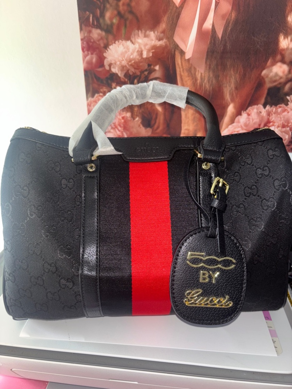 ( Inspired )Gucci Black Canvas Satchel with Red Center Stripe